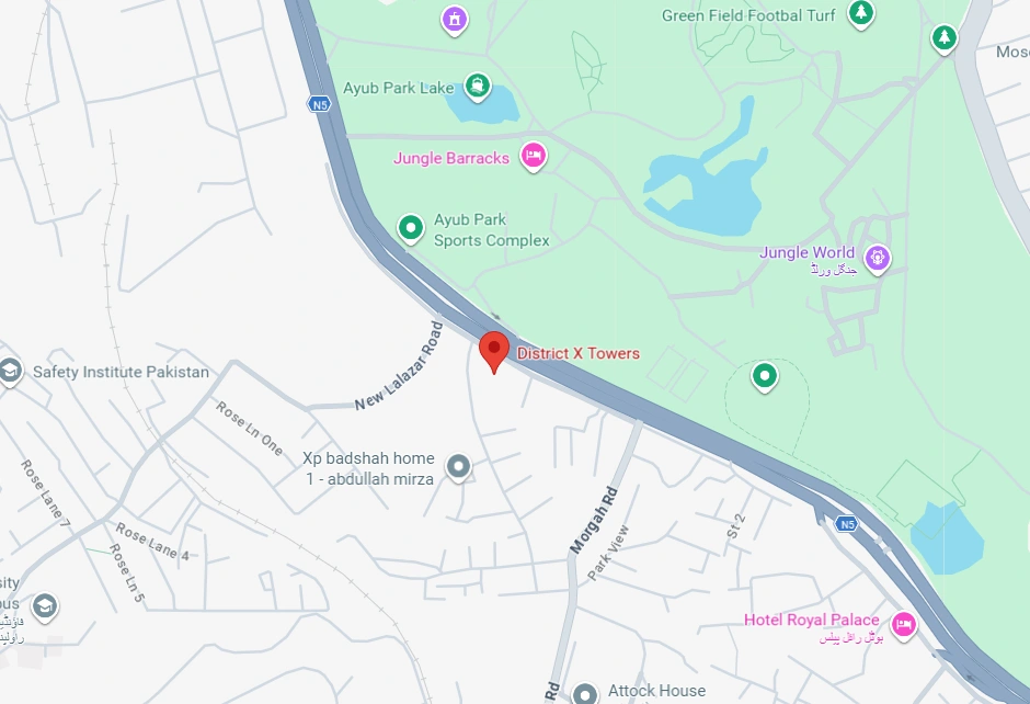 Supplied location map showing District X Towers beside Main G.T. Road opposite Ayub Park