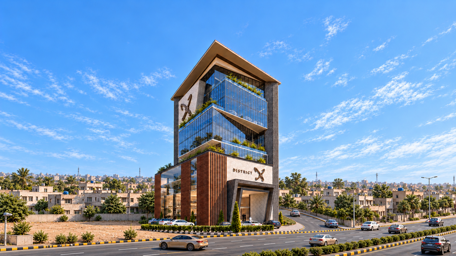 District X Tower 01, showing its glass volumes, broad canopy and projecting entrance